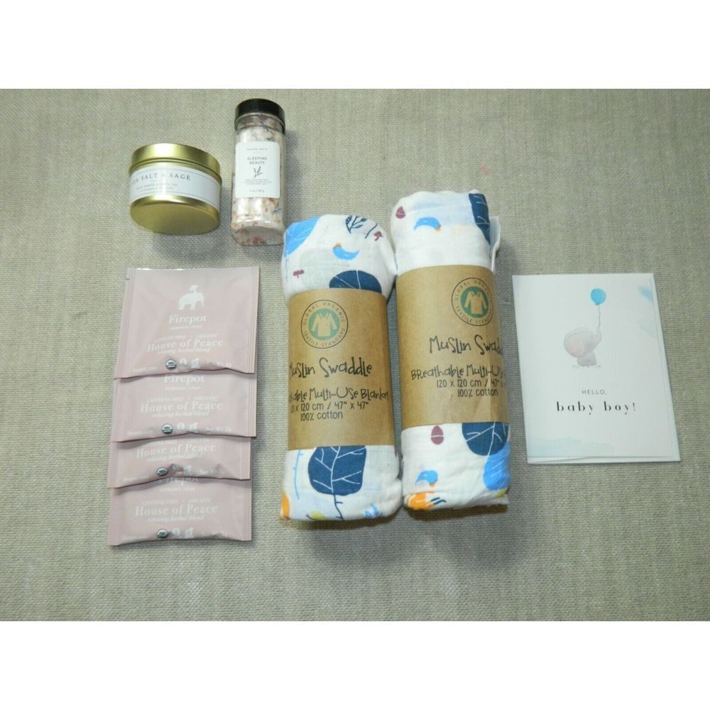 Global Organic Muslin Blanket Cotton Candle Tea New Mom Gift Box